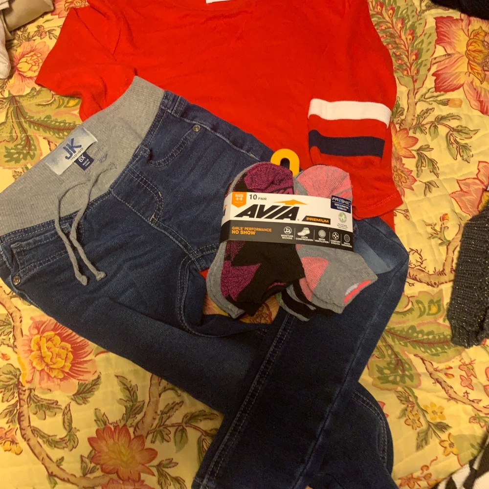 Old Navy top with jeans and some new socks